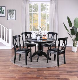 Classic Design Dining Room 5pc Set Round Table 4x side Chairs Cushion Fabric Upholstery Seat Rubberwood Black Color Furniture - as Pic