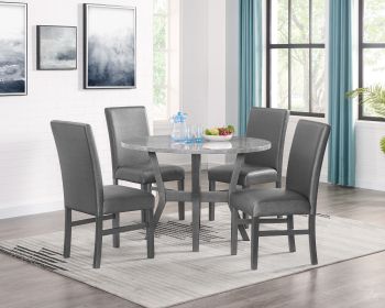 Beautiful 5-Pc Round Gray Stone Table Glitter Gray Finish Upholstered Chairs Dining Room Wooden Dining Set Furniture Transitional Style - as Pic