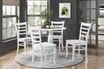 White Finish 5pc Dining Set Round Table and 4 Chairs Set Wooden Ladder-Back Casual Farmhouse Style Kitchen Dining Room Furniture - as Pic